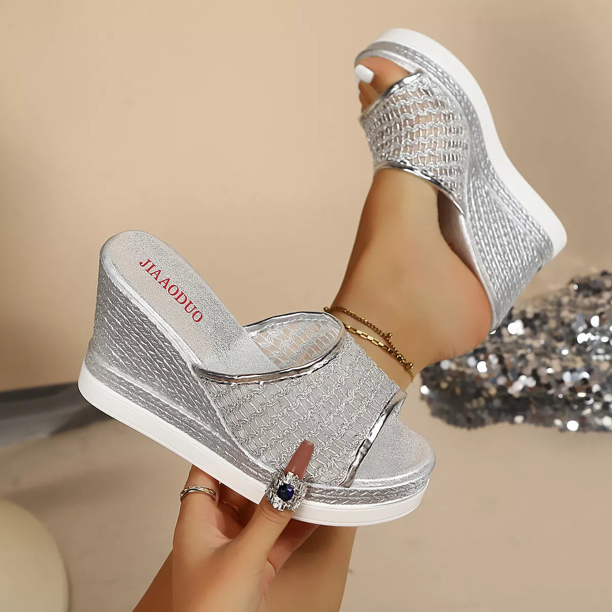 Open toe wedge sandals by Shopimist featuring a stylish design with a comfortable platform and ankle straps.
