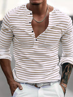 Men's full-size striped long sleeve shirt by Trendsi, featuring a classic design and comfortable fit for men.