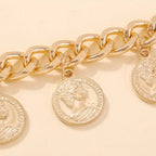 18K gold-plated coin charm bracelet with intricate coin details and adjustable chain, stylish jewelry accessory.