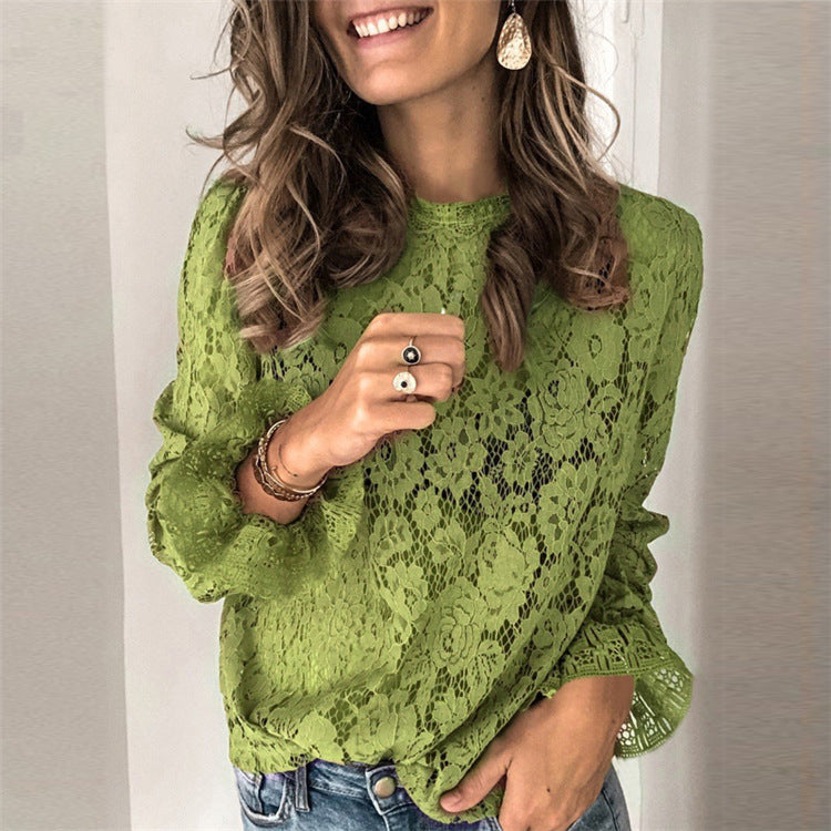 Women's long-sleeve lace splicing top with hollow design, stylish and elegant, from Plush Fashion Hub.