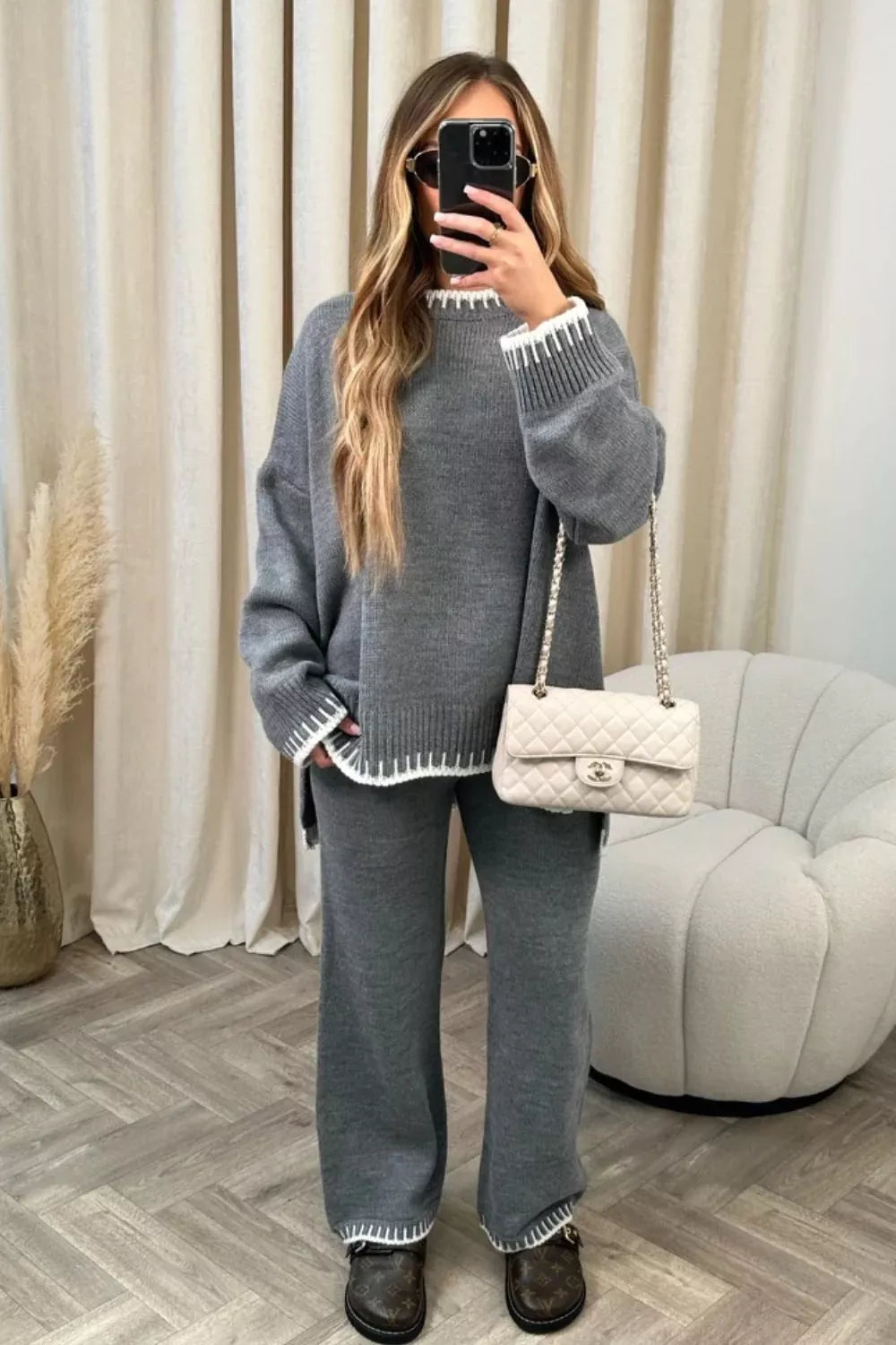Simply Love contrast trim round neck sweater top and matching pants set, cozy knit fabric with stylish design.