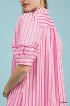 Umgee striped puff sleeve midi dress featuring a fitted waist and stylish design, perfect for casual or semi-formal occasions.