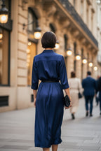 Women's slim-fit midi dress with lapel collar and half-sleeves from Plush Fashion Hub, perfect for casualwear.