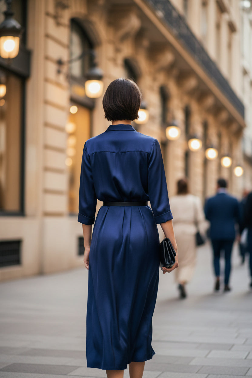Women's slim-fit midi dress with lapel collar and half-sleeves from Plush Fashion Hub, perfect for casualwear.