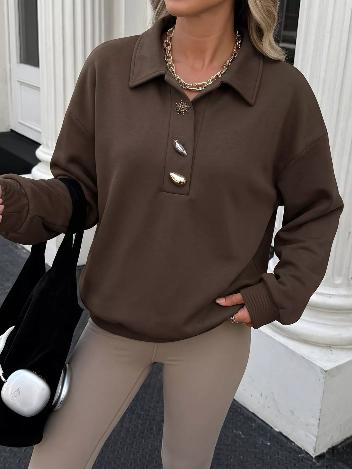 Trendsi polo collar dropped shoulder sweatshirt in soft fabric, featuring a relaxed fit and casual style, shown on a model.