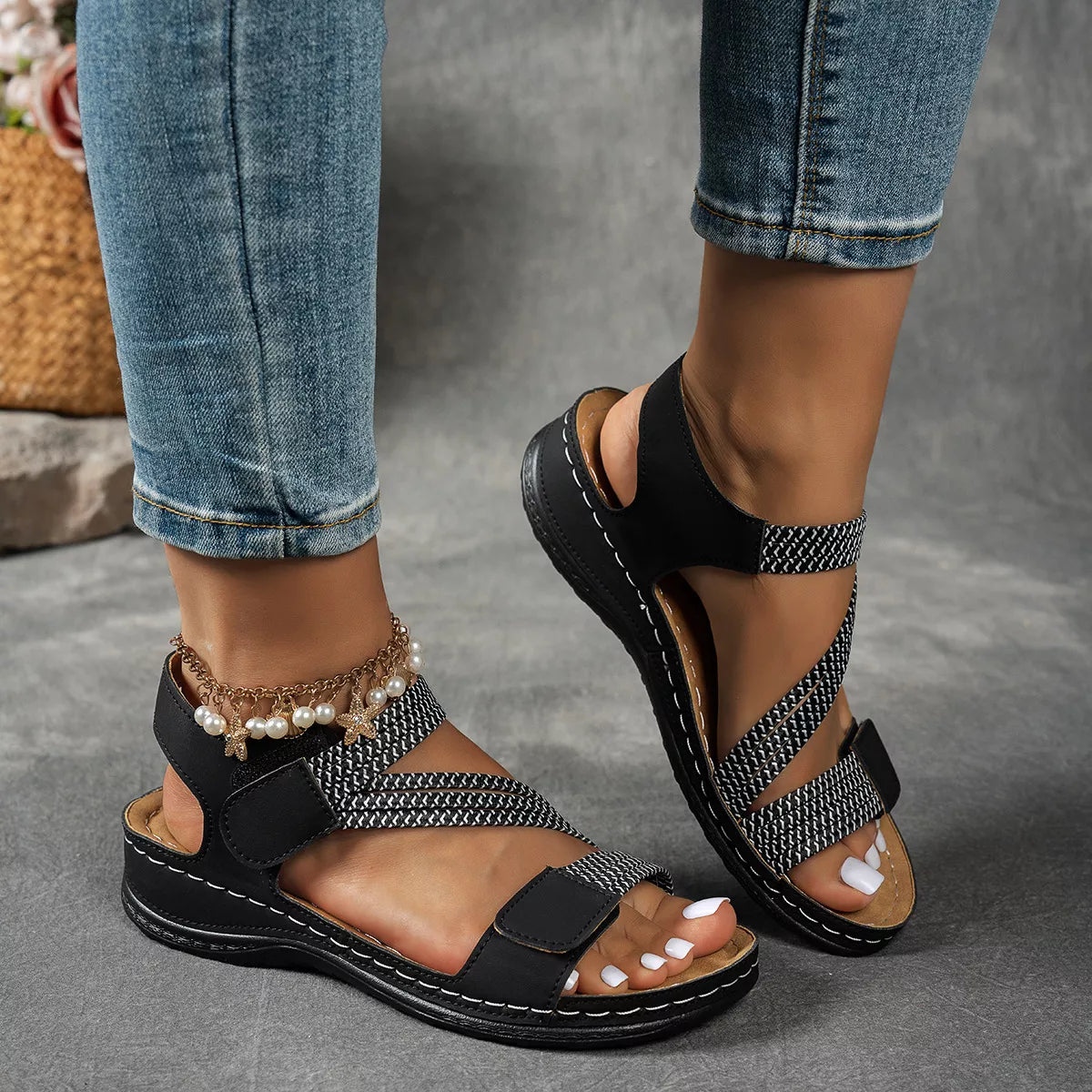 Open toe wedge sandals by Shopimist featuring a stylish design with a comfortable platform and ankle straps.