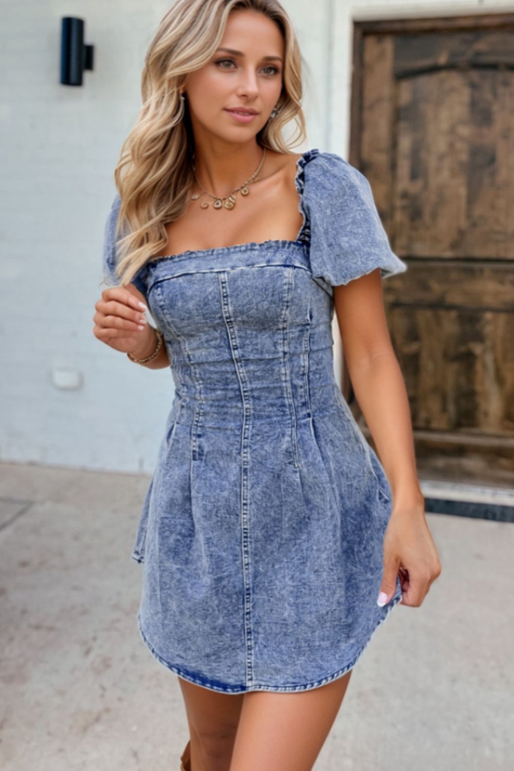 Square neck denim dress with puff sleeves and tie-back detail from Plush Fashion Hub, styled for casual or chic looks.