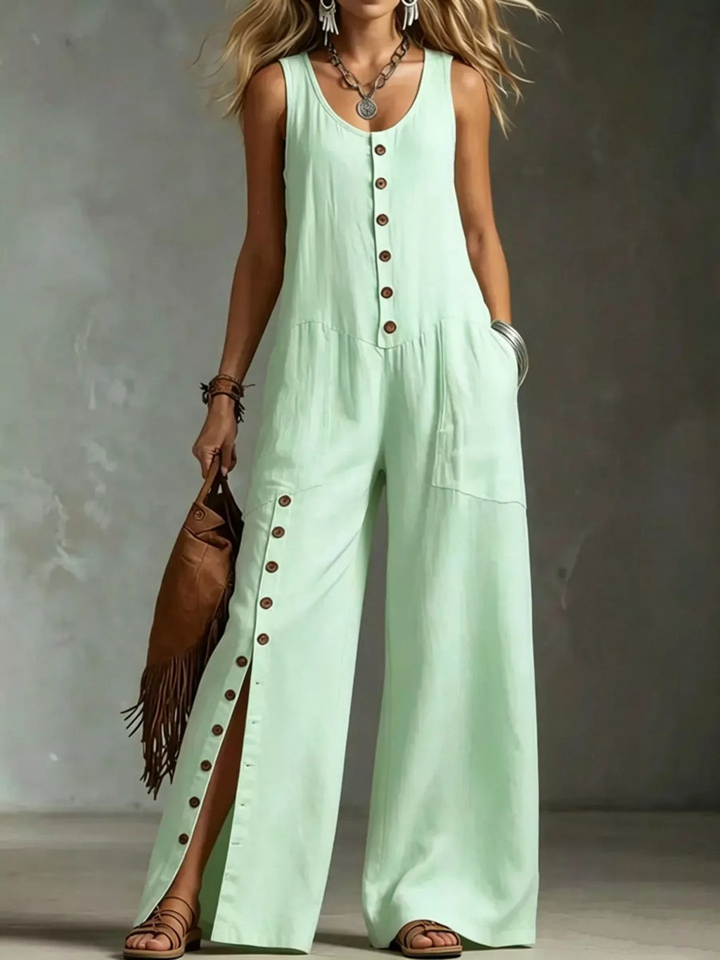 Plus size sleeveless button-front wide leg jumpsuit by Shopimist, featuring a full-length design and stylish fit.