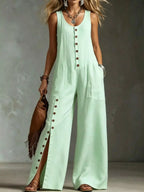 Plus size sleeveless button-front wide leg jumpsuit by Shopimist, featuring a full-length design and stylish fit.