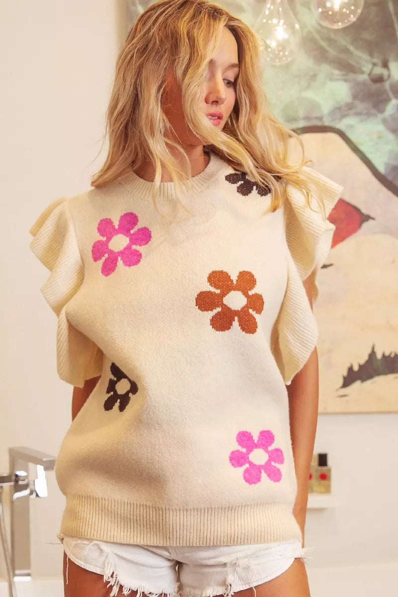 Plush Fashion Hub BiBi Flower Printed Ruffled Sleeves Top featuring a floral pattern and feminine ruffle details on the sleeves.