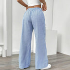 Women's striped print wide-leg casual pants with pockets, straight fit, long length, by FitiqueFit, suitable for everyday wear.