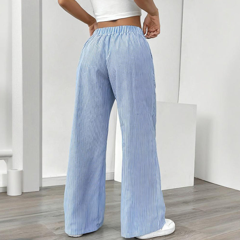 Women's striped print wide-leg casual pants with pockets, straight fit, long length, by FitiqueFit, suitable for everyday wear.