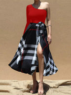 Asymmetrical One-Sleeve Plaid Midi Dress with Waist Tie