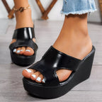 Shopimist open toe wedge sandals with cork heel and adjustable ankle strap, featuring a stylish and comfortable design.
