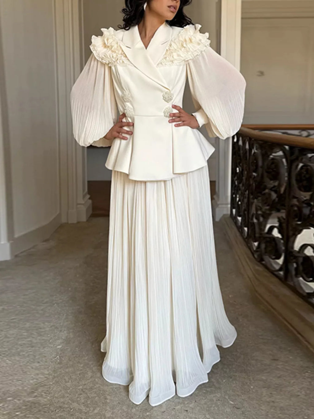 Shopimist frill lapel collar top and pleated skirt two-piece set, stylish women's fashion ensemble with feminine details.
