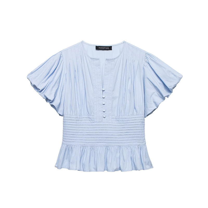 FitiqueFit women's casual ruffle-trim puff-sleeve blouse top with slim fit, elegant design, shown in a stylish casualwear outfit.