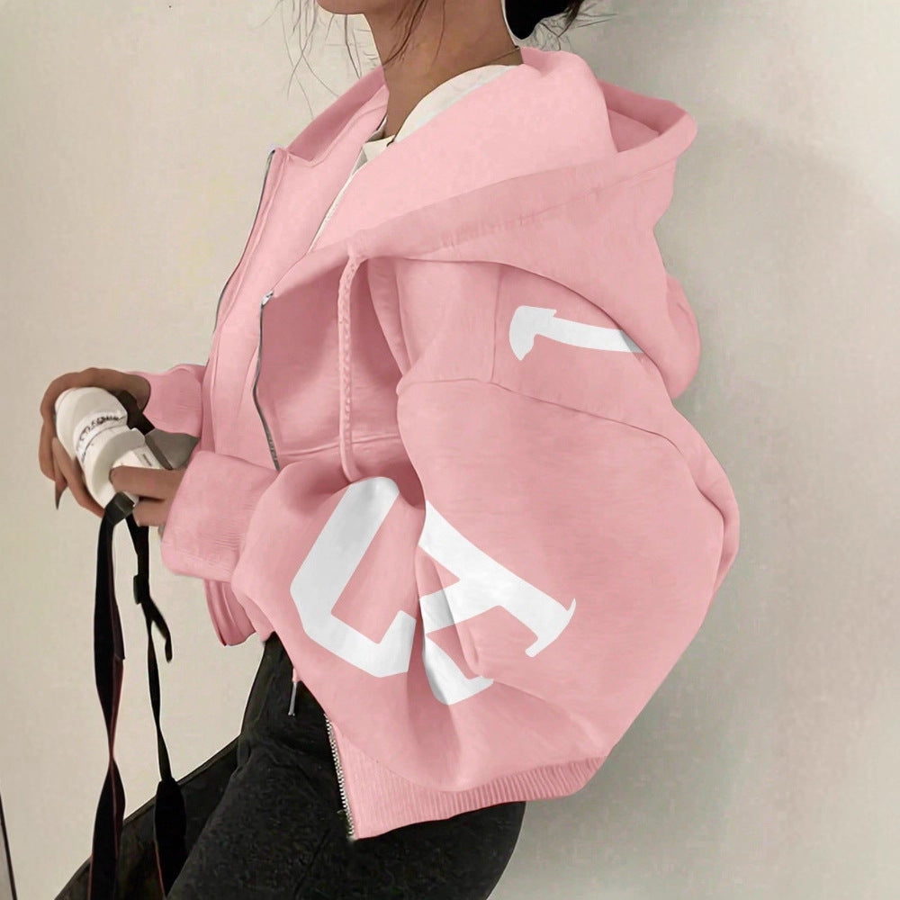 Women’s zip-up printed sweatshirt by FitiqueFit, long sleeve casual hoodie with colorful floral pattern and front zipper detail.