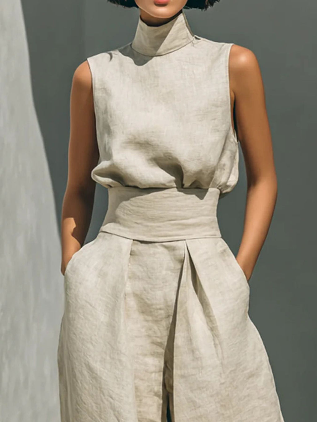 Shopimist sleeveless turtleneck top and matching pants set, featuring a sleek, fitted design in a neutral color.