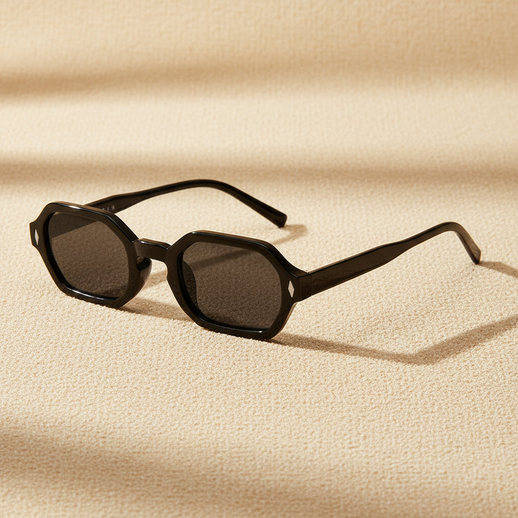 Hexagonal small-frame sunglasses by FitiqueFit with UV protection, featuring sleek unisex eyewear design and polyhedral lens shape.