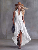 Plush Fashion Hub boho dress with lapel collar, zip front, ruffle hem, flowy fabric, perfect for casual or summer wear
