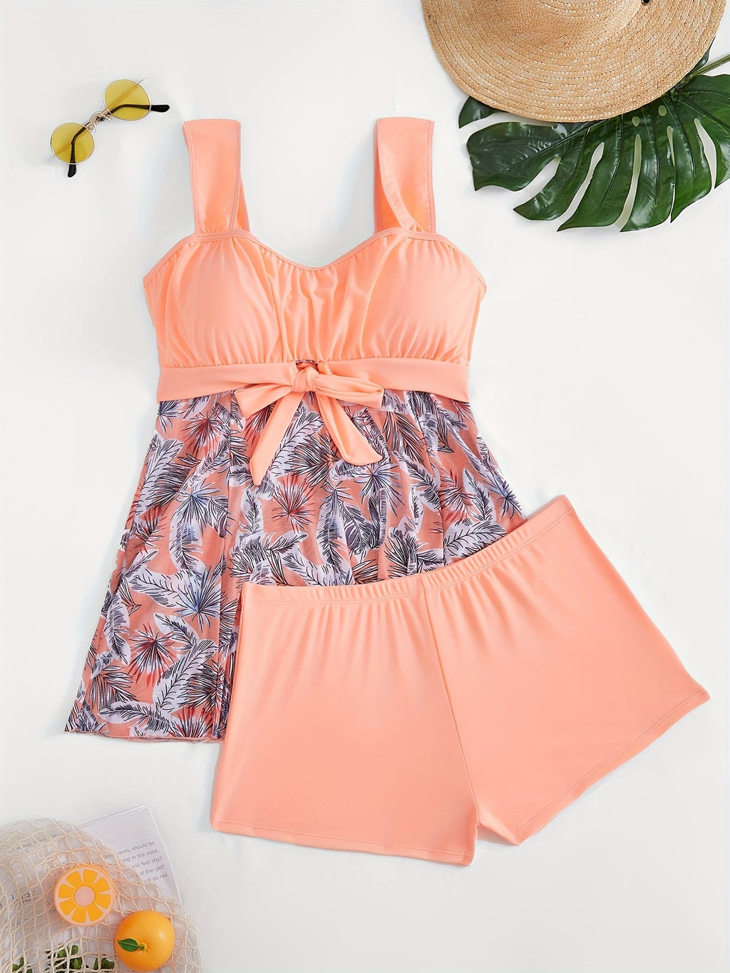 Plus size Stevvex mesh print off-shoulder tankini swimsuit with contrast mesh detail, stretchy and comfortable for summer beachwear.