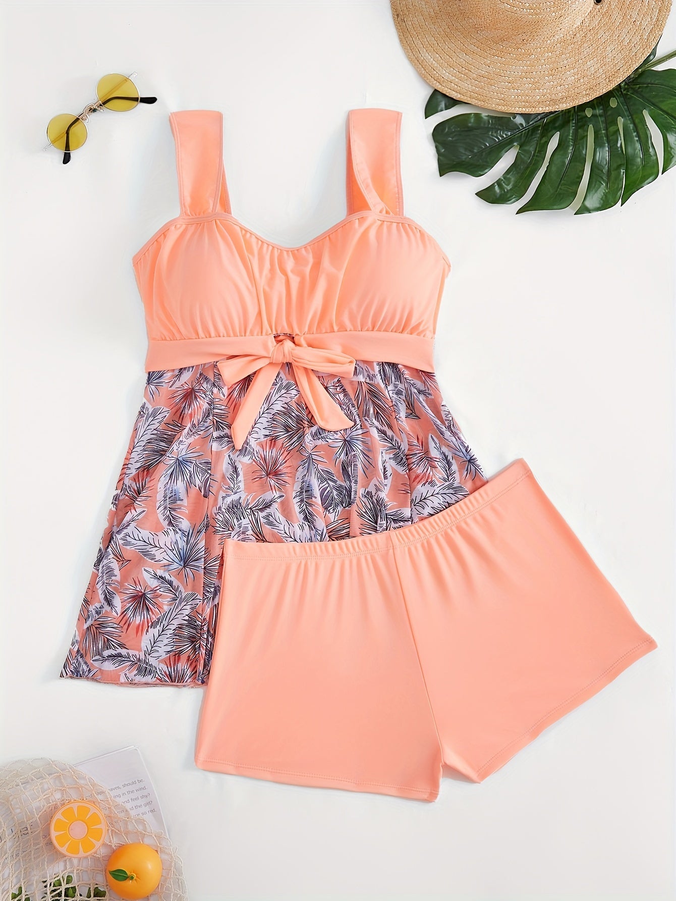 Plus size Stevvex mesh print off-shoulder tankini swimsuit with contrast mesh detail, stretchy and comfortable for summer beachwear.