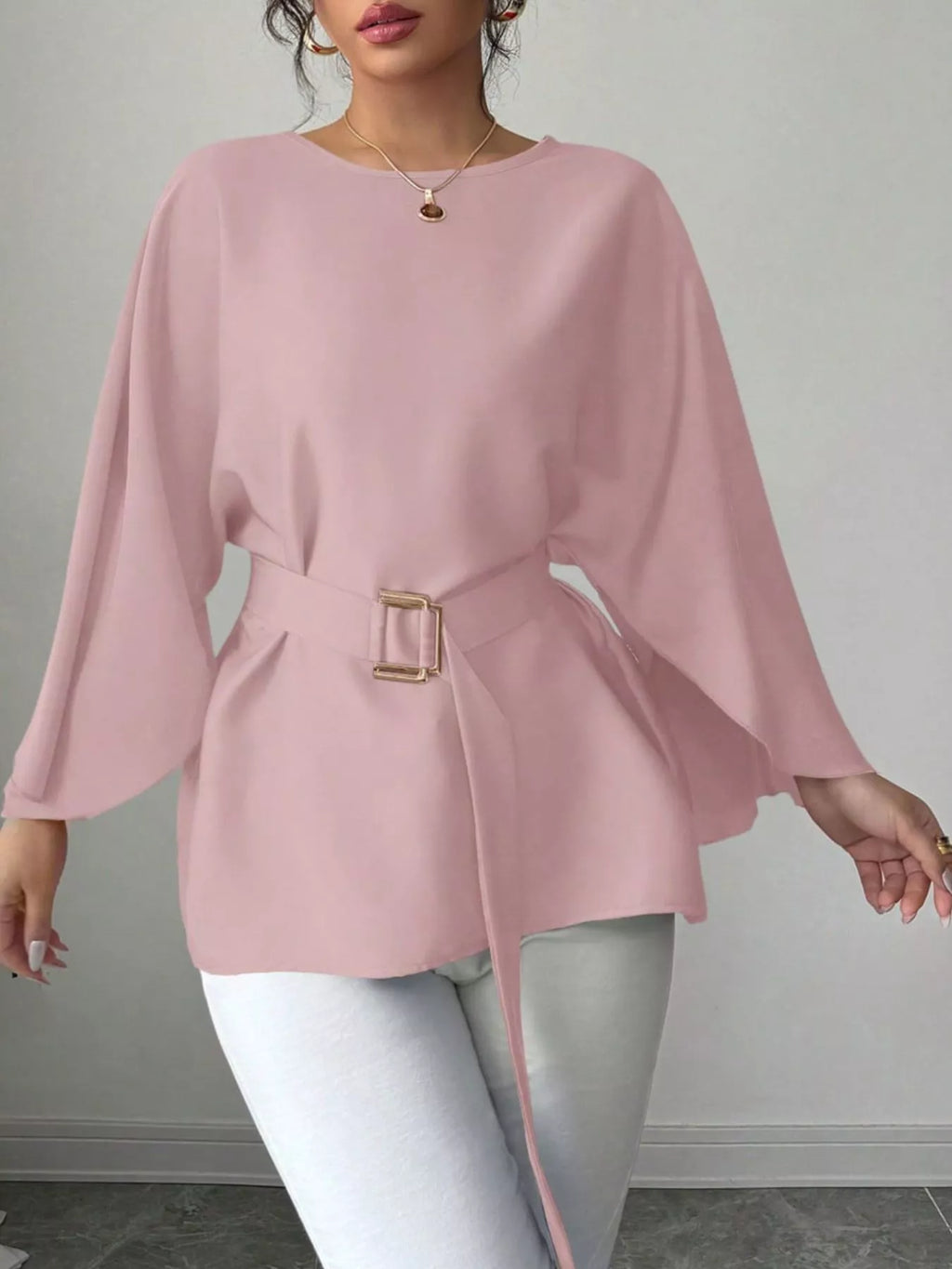 Batwing sleeve belted blouse by Shopimist, featuring flowy fabric, wide sleeves, and a waist belt for a stylish, comfortable fit.