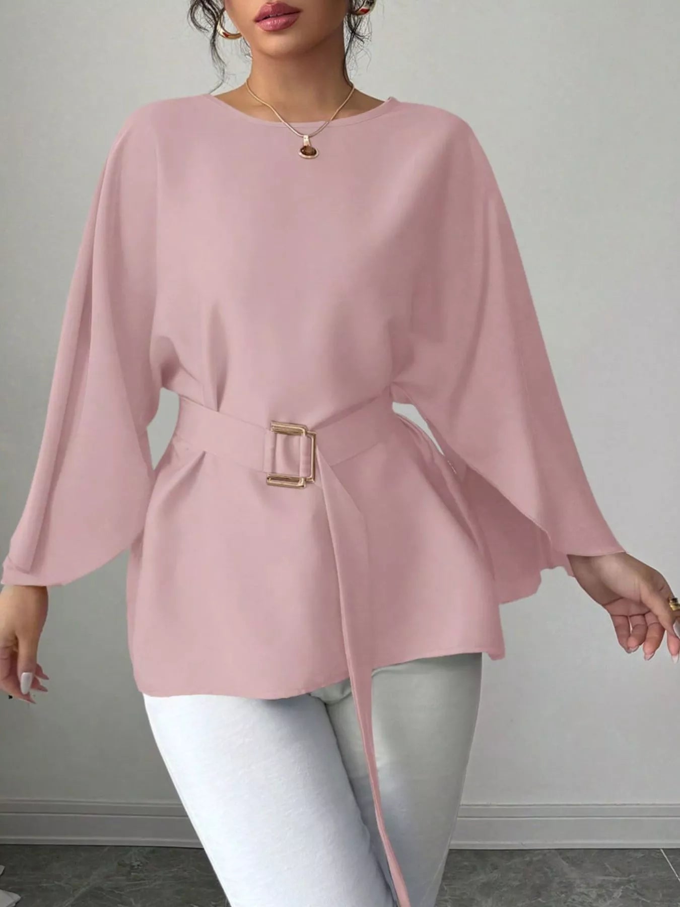 Batwing sleeve belted blouse by Shopimist, featuring flowy fabric, wide sleeves, and a waist belt for a stylish, comfortable fit.