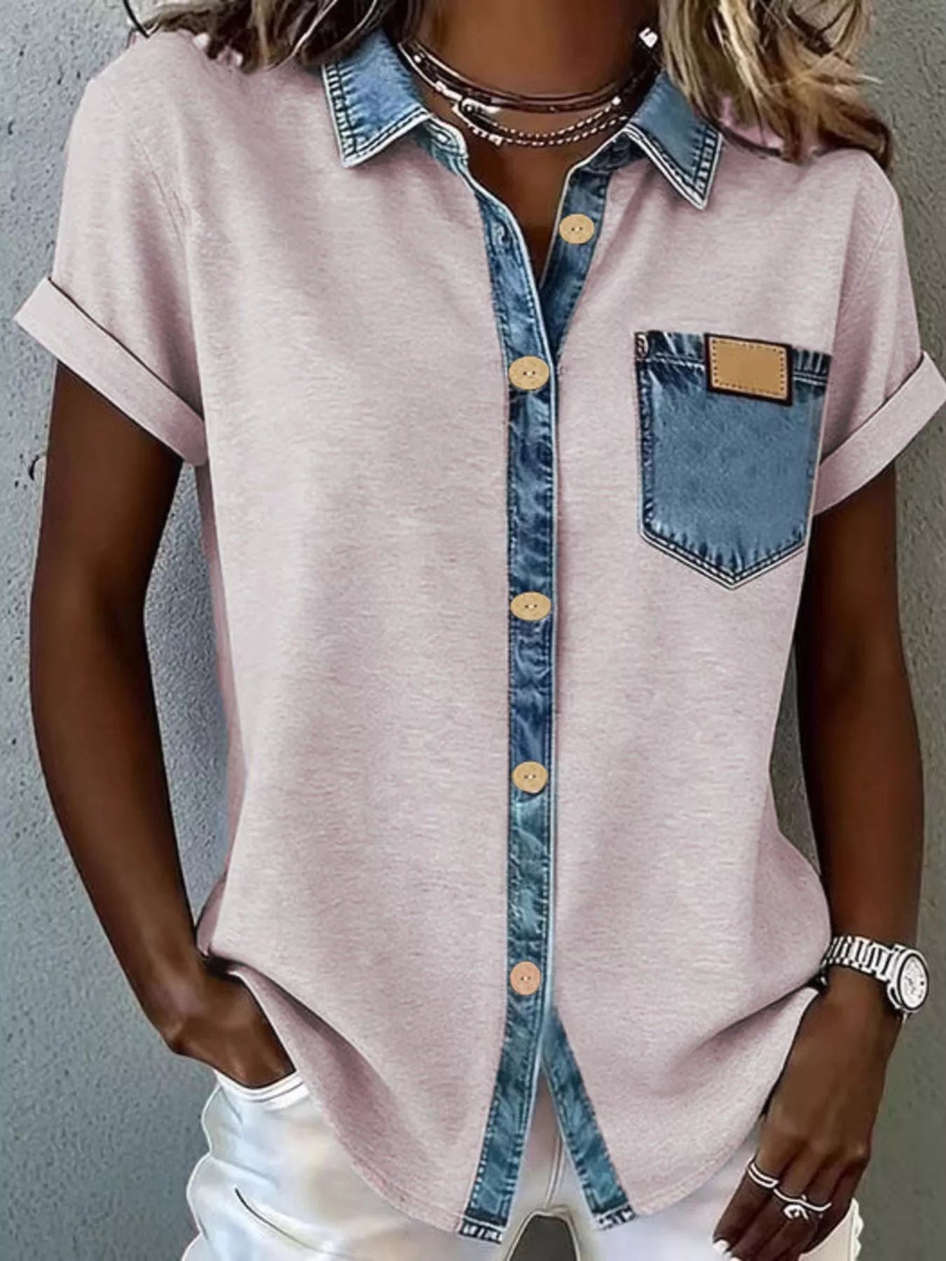Plaid short sleeve shirt with denim trim from Plush Fashion Hub, casual tops for men featuring a button-up design and relaxed fit.