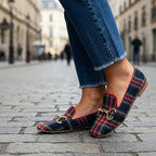 Women's plaid square toe flats by Plush Fashion Hub featuring buckle detail in red and blue casual footwear.