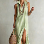 Striped sleeveless maxi dress with stand collar, side slit, and A-line silhouette from FitiqueFit casualwear collection.