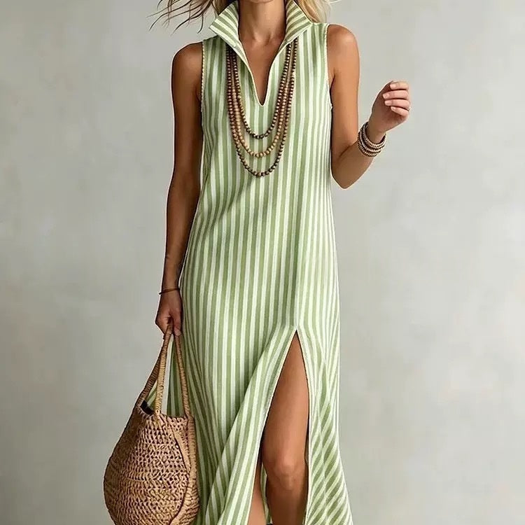 Striped sleeveless maxi dress with stand collar, side slit, and A-line silhouette from FitiqueFit casualwear collection.