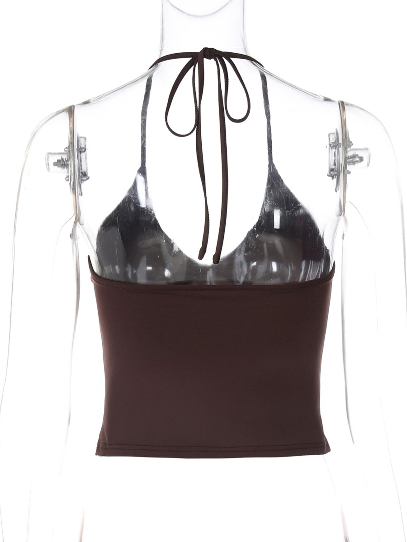 Women's sleeveless halter neck slim fit cami top by Trendsi, showing a stretch tank with a fitted silhouette and halter neckline.