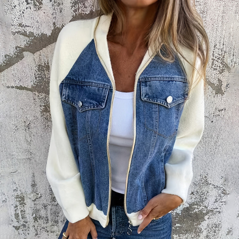 Women's denim patchwork zip-up jacket by FitiqueFit, casualwear with stylish patchwork design and front zipper detail.