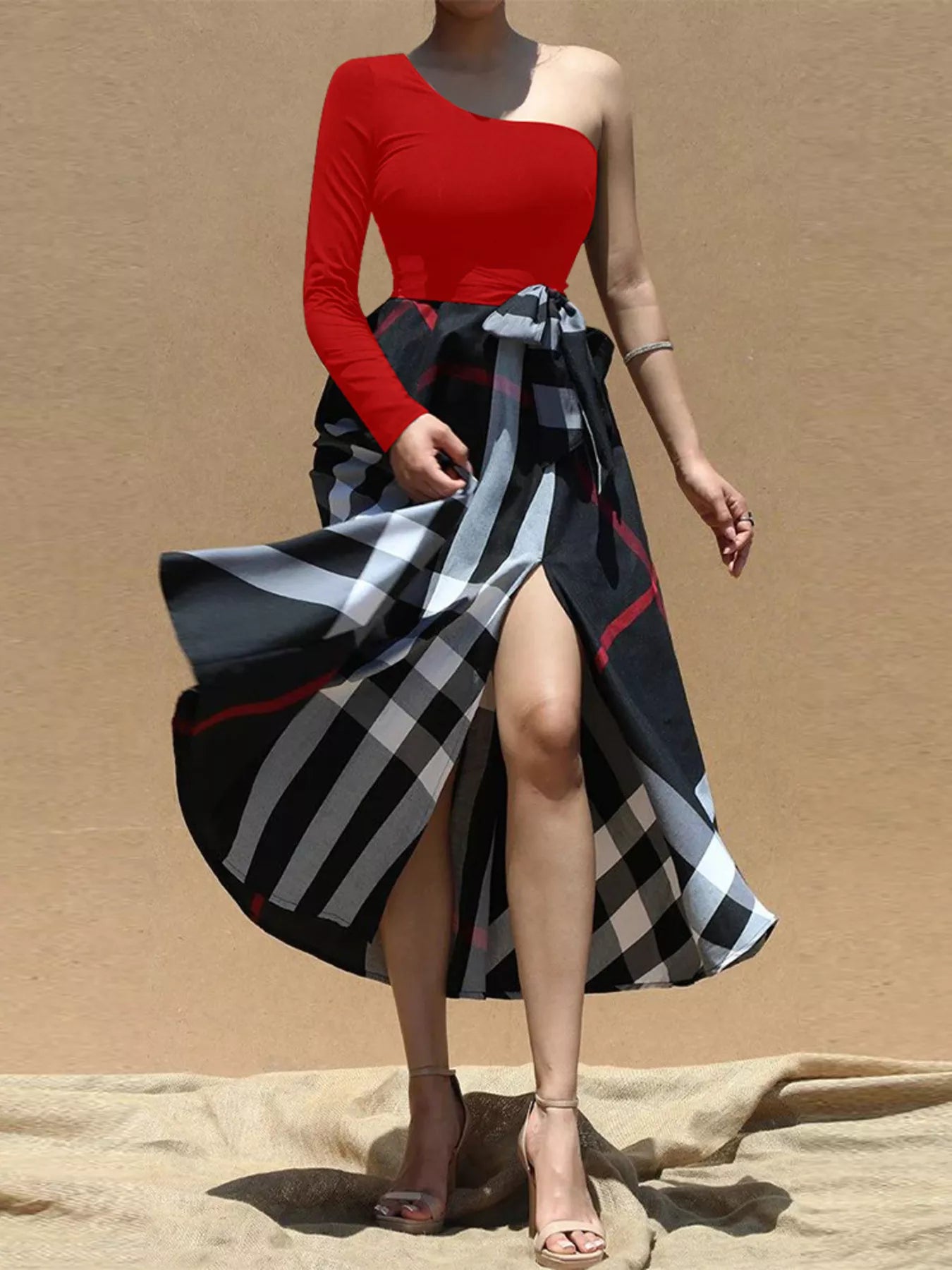 Asymmetrical one-sleeve plaid midi dress with waist tie, stylish women's dress by Shopimist, featuring a modern, fashionable design.