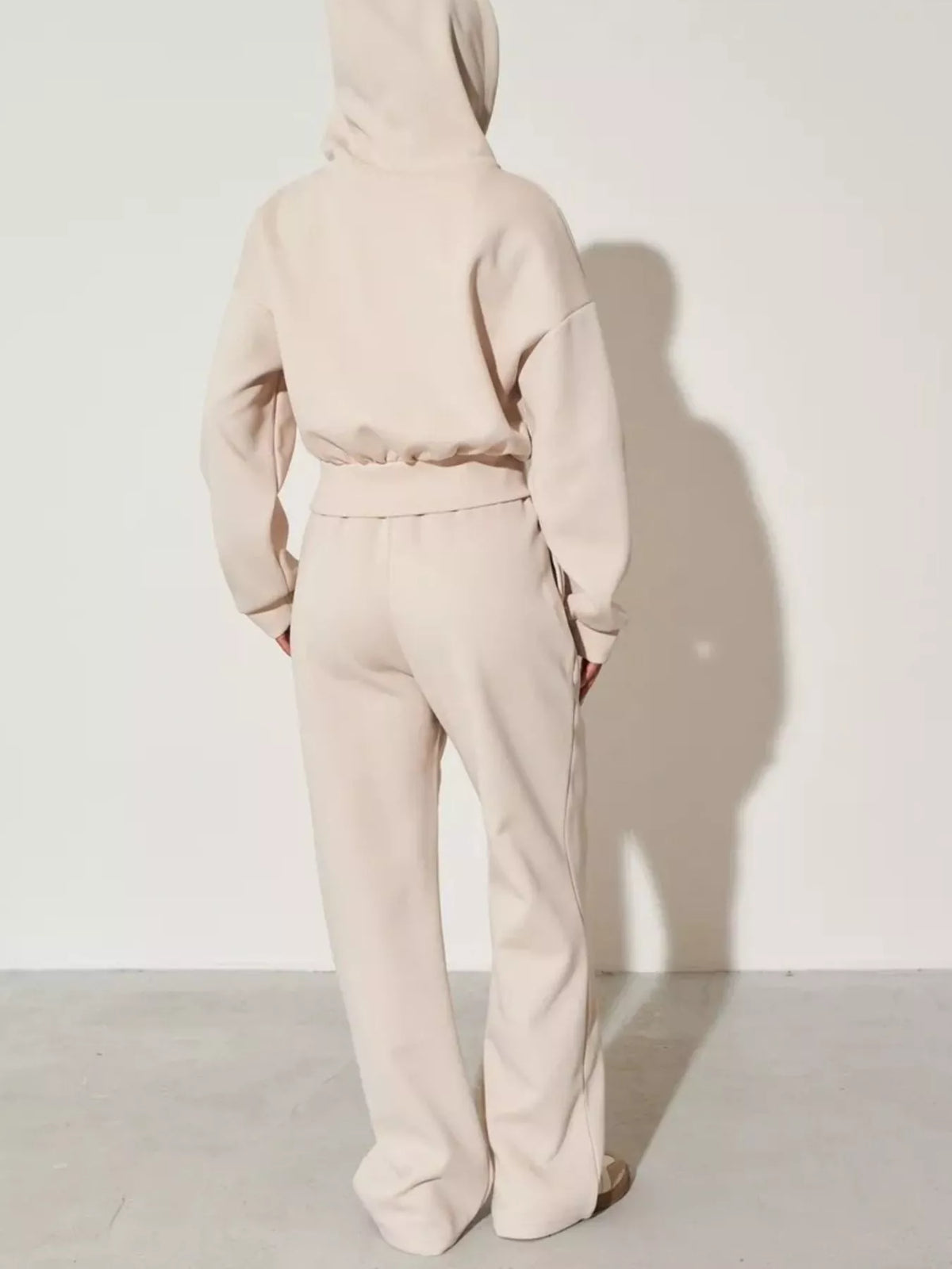 Plush Fashion Hub zip-up hoodie and wide-leg pants loungewear set, featuring a cozy, relaxed fit in soft fabric.