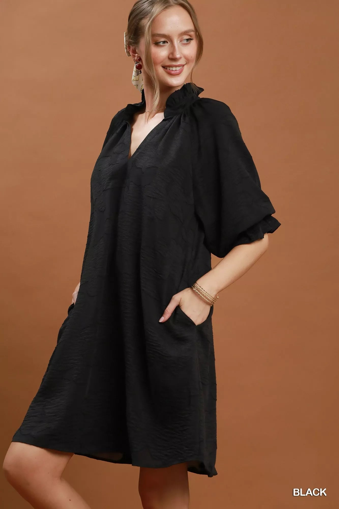 Umgee floral textured jacquard V-neck dress with long sleeves and a fitted silhouette, perfect for casual or semi-formal wear.