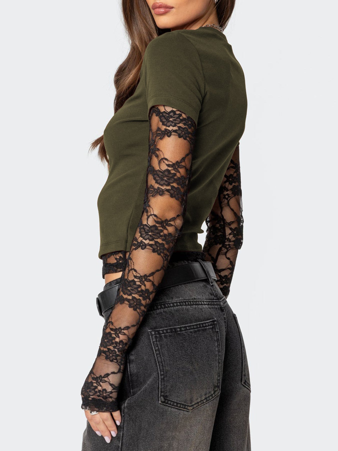 Women's elegant lace sleeve fitted T-shirt by Trendsi featuring sophisticated casual style and stylish lace detail on the sleeves.