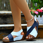 Women’s colorblock crossed wedge sandals by FitiqueFit, featuring stylish multicolor straps and comfortable wedge heel.