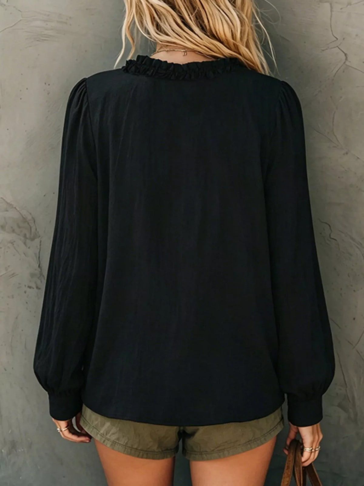 Plush Fashion Hub frill V-neck long sleeve blouse with feminine ruffle details, stylish shirt for casual or semi-formal wear