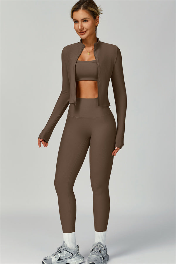 Fitglutes Activewear sports set includes a Burst Jacket, sports bra, and leggings, designed for gym and workout activities.