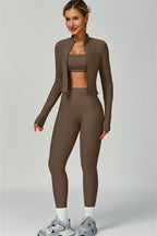 Fitglutes Activewear sports set includes a Burst Jacket, sports bra, and leggings, designed for gym and workout activities.
