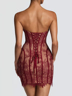 Lace detail tube mini dress from Trendsi featuring a fitted silhouette and elegant design, perfect for stylish occasions.