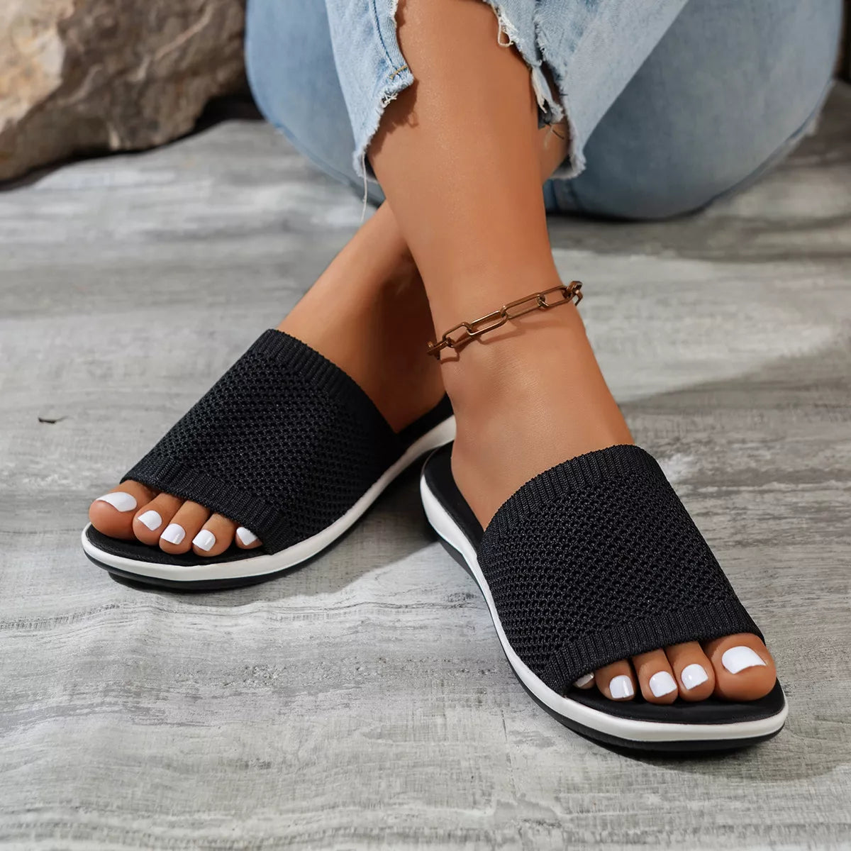 Open toe knit sandals by Plush Fashion Hub featuring a stylish design and comfortable open toe style for warm weather wear.