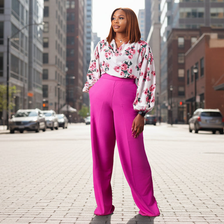 Printed floral lace-up top and wide-leg pants set in four colors, casualwear by FitiqueFit, featuring a floral design and relaxed fit.