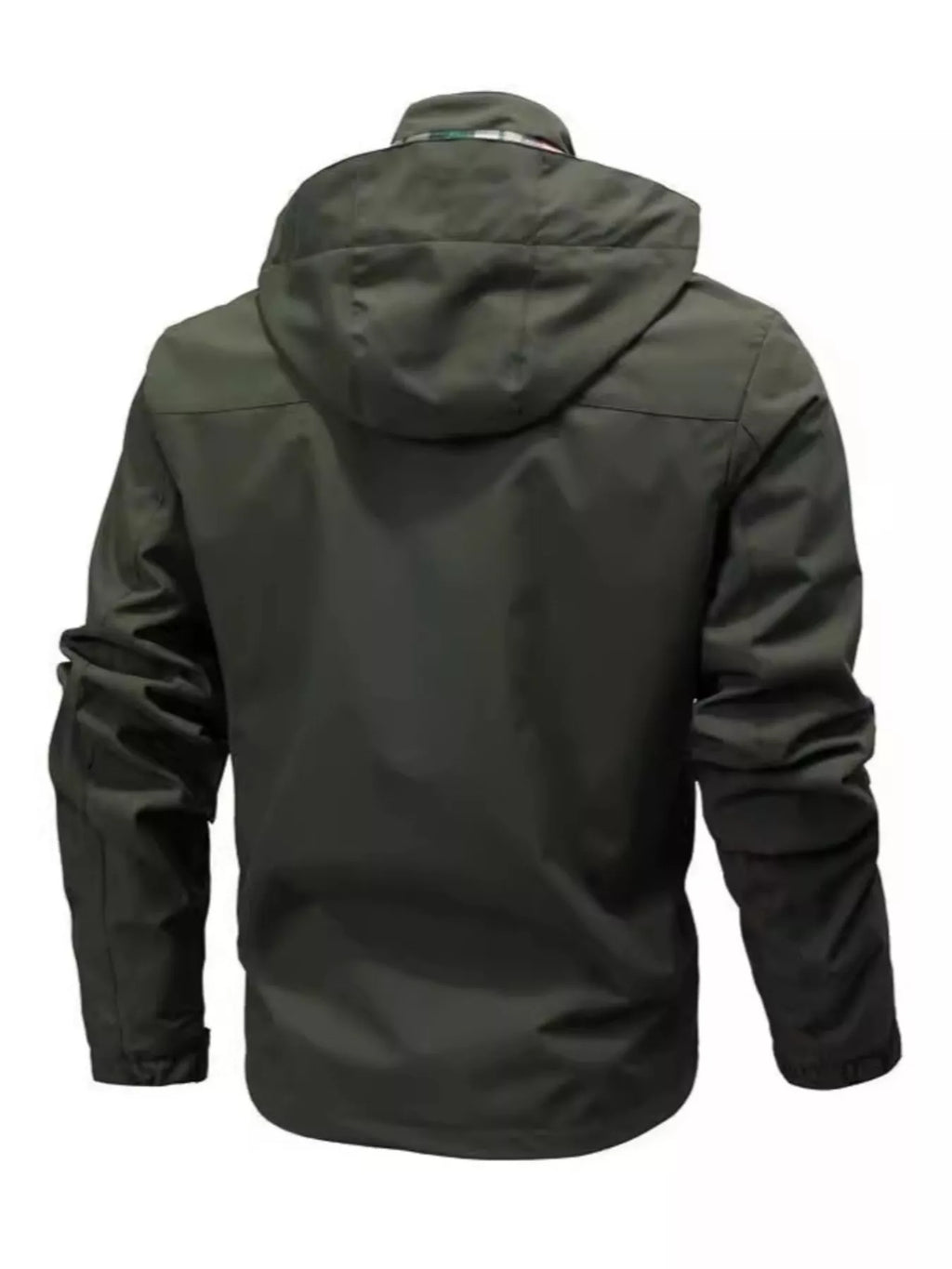 Men's plus size hooded outdoor windproof coat by Shopimist, shown in black with adjustable drawstrings and full-length front zipper.