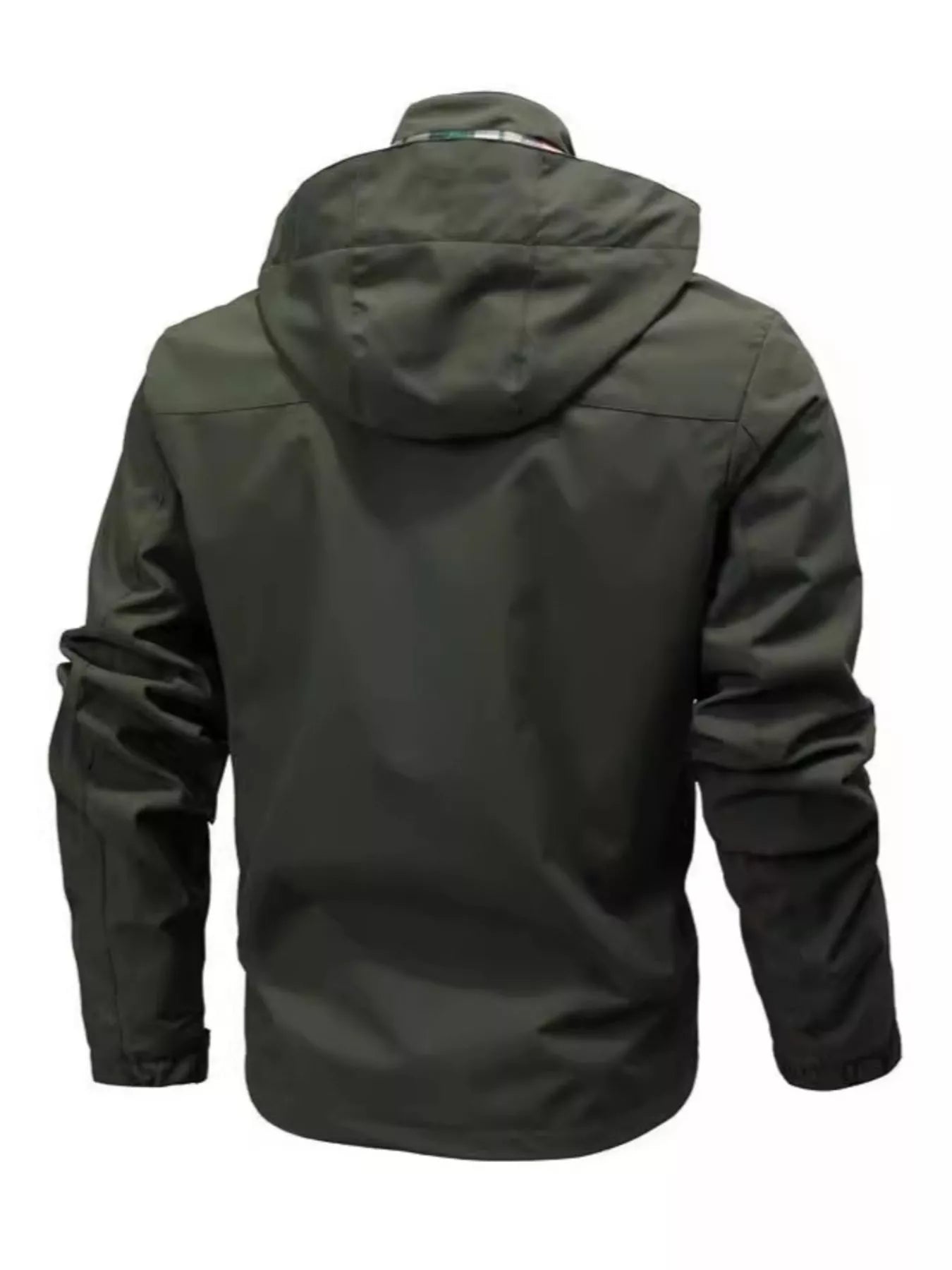 Men's plus size hooded outdoor windproof coat by Shopimist, shown in black with adjustable drawstrings and full-length front zipper.
