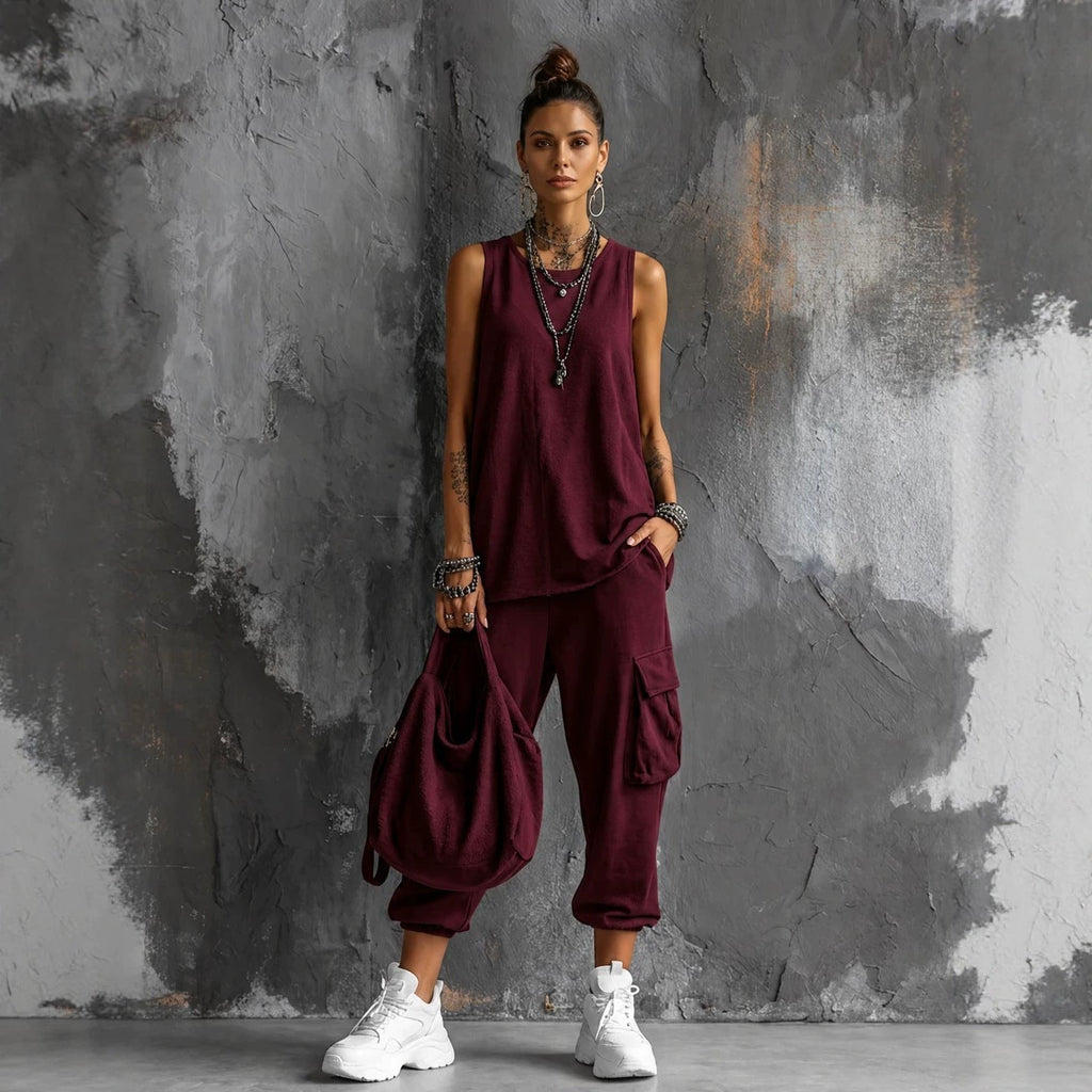 Women's sleeveless tank top and cropped ankle pants set by Plush Fashion Hub, featuring a stylish, coordinated two-piece outfit.