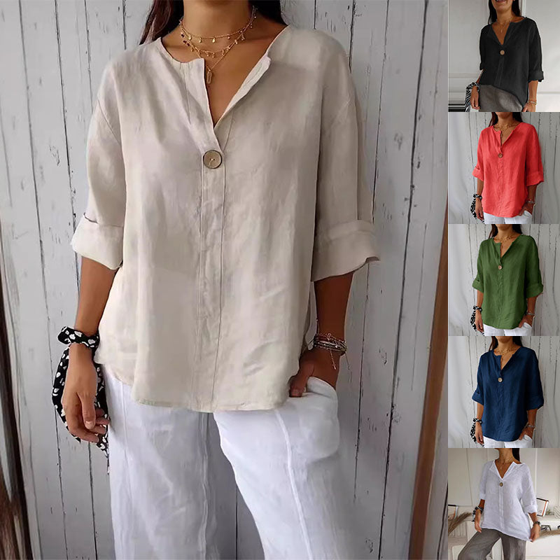 Women's FitiqueFit V-neck long-sleeve button top, loose fit casual blouse, shown in a relaxed fit with V-neck and button details.