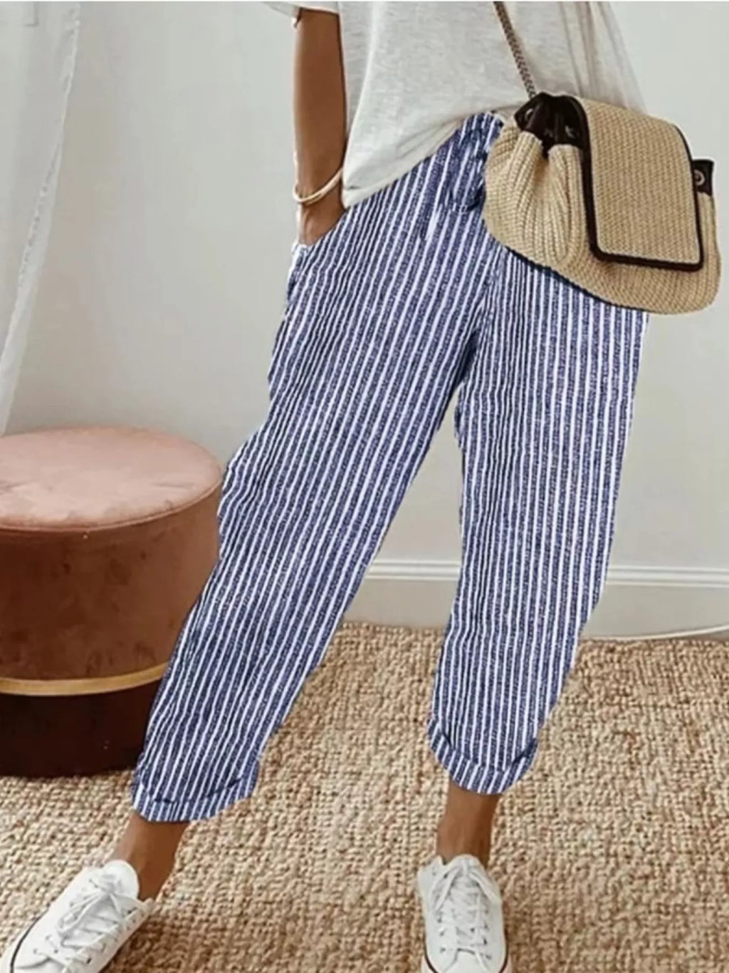 Striped cropped pants by Shopimist featuring a stylish pattern and tapered fit, perfect for casual or trendy outfits.